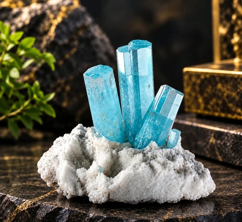 Aquamarine crystals on a white matrix