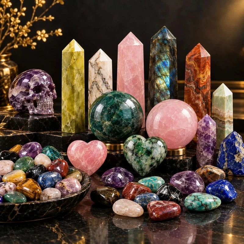 Polished stone towers, spheres and hearts